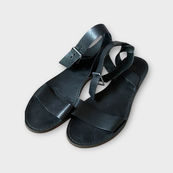Madewell Boardwalk Black Leather Ankle Strap Flat Sandals Sz 8 Hippie Boho - Picture 1 of 6